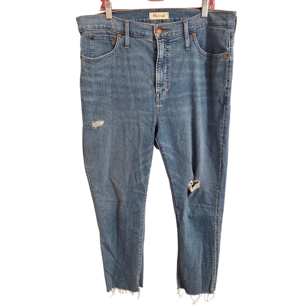 Madewell High Rise Straight Leg Jeans Distressed Raw Hem Denim Womens 33/Size 16
